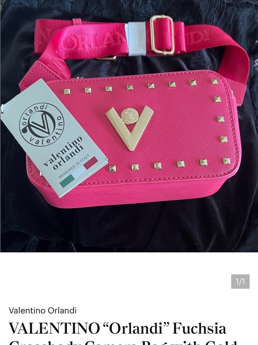 VALENTINO “Orlandi” Fuchsia Crossbody Camera Bag with Gold Studded Accents (NWT) - Picture 3 of 3
